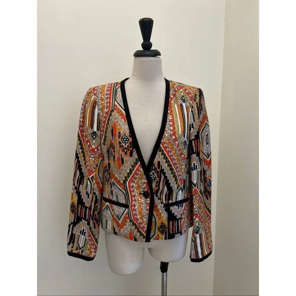 Trina Turk Womens Aztec Single Button Silk Blend Blazer Jacket Multicolor Medium